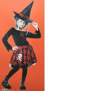 Witch Halloween Costume 10/12 Punky Red Black Dress, Hat, Choker 3 Pc Girls